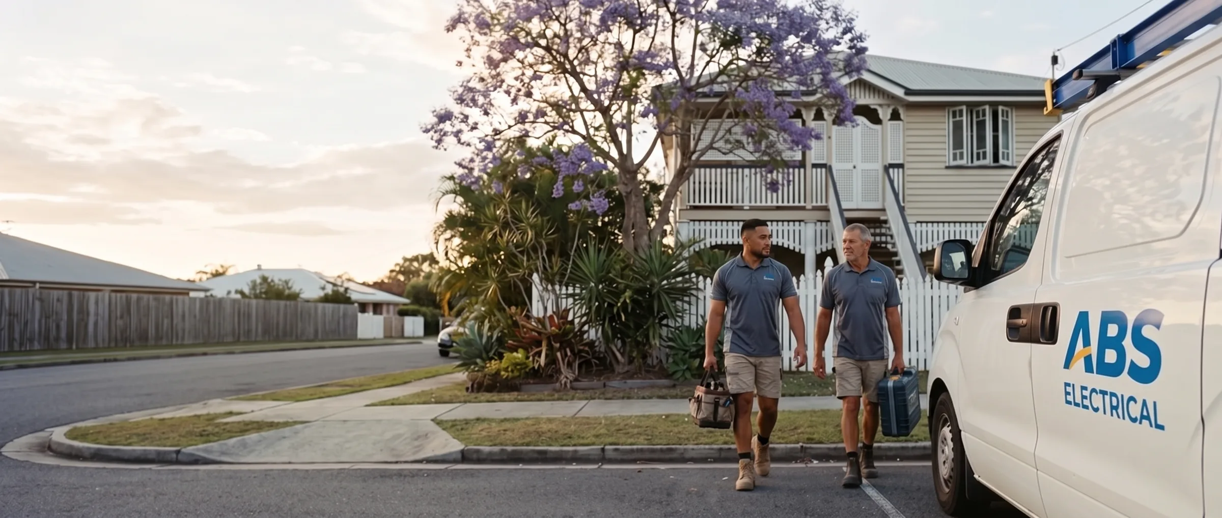 Two ABS electricians walking from the van to a Queenslander home in Brisbane east